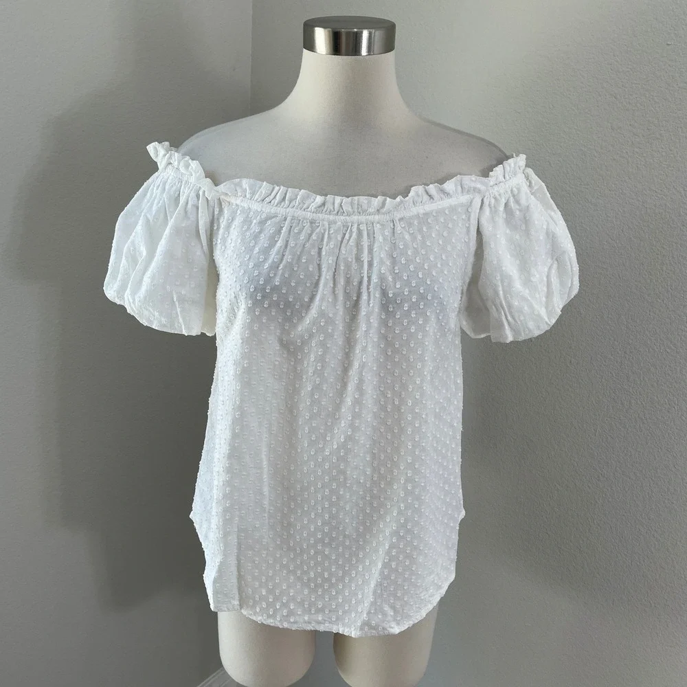 Maeve Anthropologie Womens 4 White Swiss‎ Dot Off The Shoulder Puff Sleeve Top